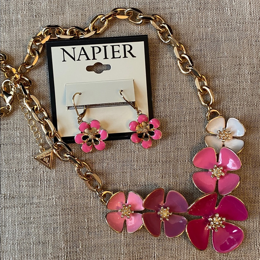Guess Necklace Pink Blossoms Crystals & Napier floral leaver back earrings